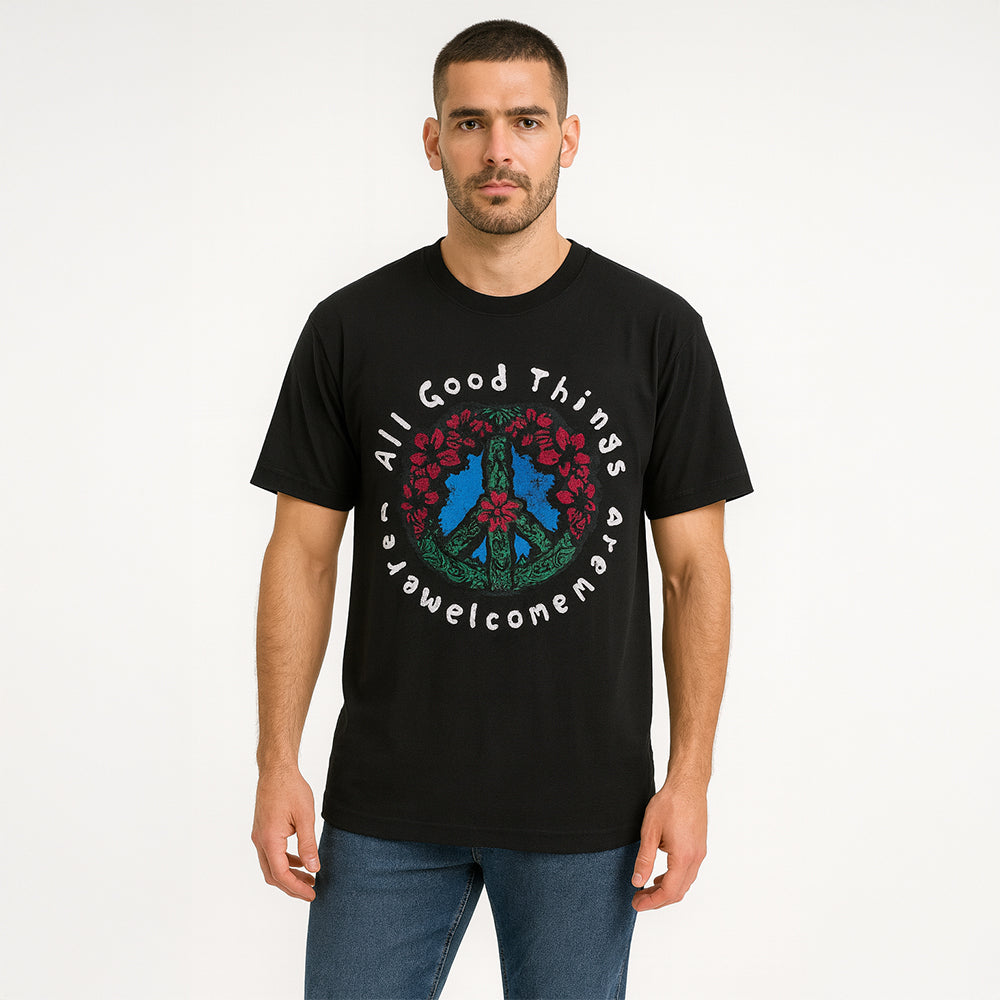 Men’s Graphic Tee – "All Good Things Are Welcome Here” Peace Sign Shirt (Black)