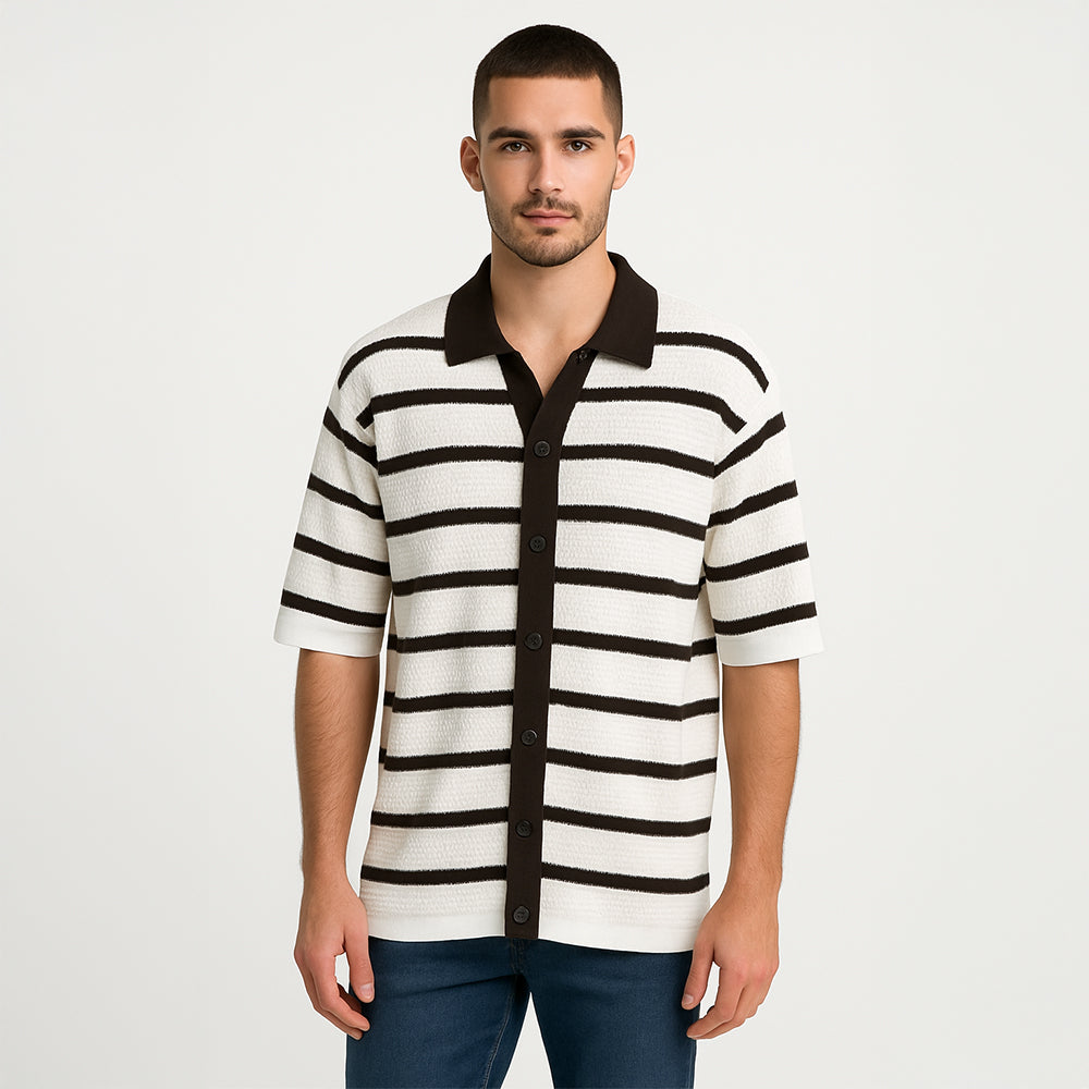 Karl Lagerfeld Striped Knit Button-Down Polo Top – Men - XL