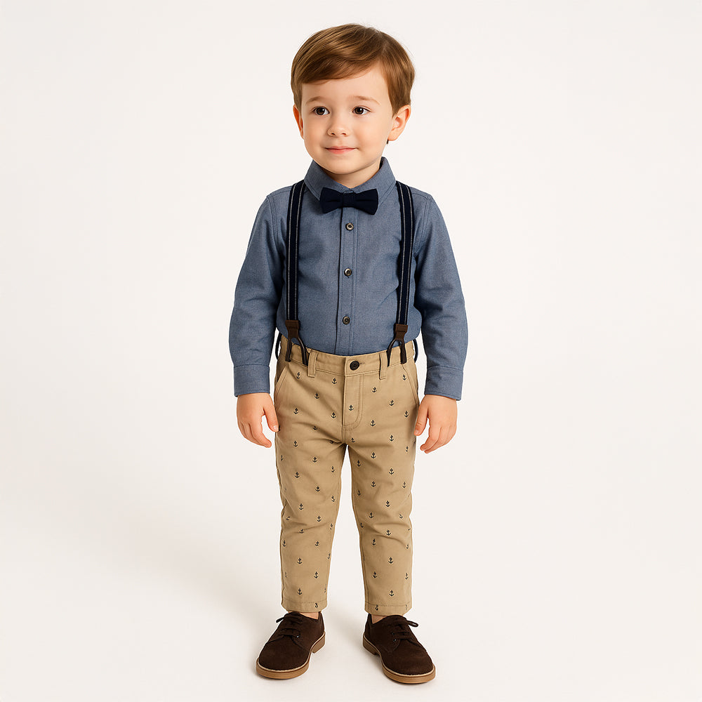 2-Piece Dress Outfit – Blue Button-Up Shirt + Anchor Pants with Suspenders