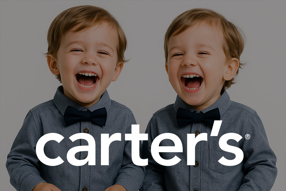 Two children wearing matching outfits with 'Carter's' logo displayed.